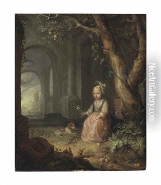 Portrait Of A Girl With Her Dog In A Courtyard, A Landscape With Ruins Beyond Oil Painting - Jan Adriaensz van Staveren