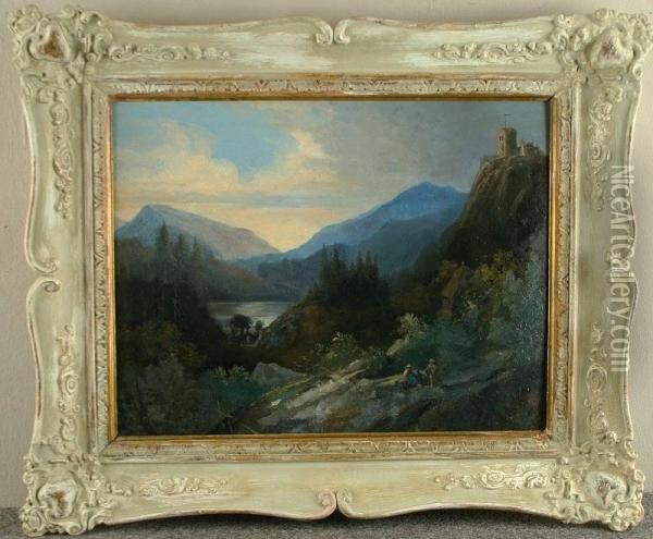 Romantische Alpenvorlandschaft Mit Burganlage Und Jager Oil Painting - Carl Stephan Bennet
