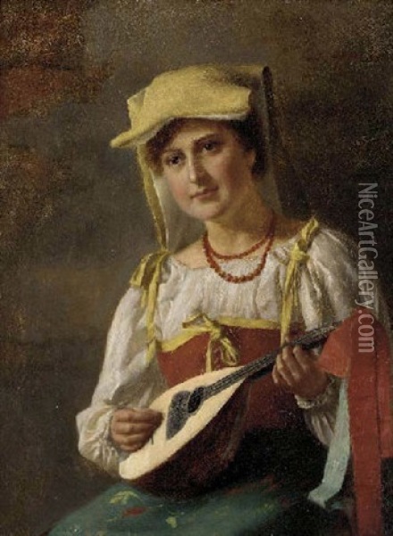 A Lady In Sicilian Costume Playing The Lute Oil Painting - Franz Xaver Schmid-Breitenbach