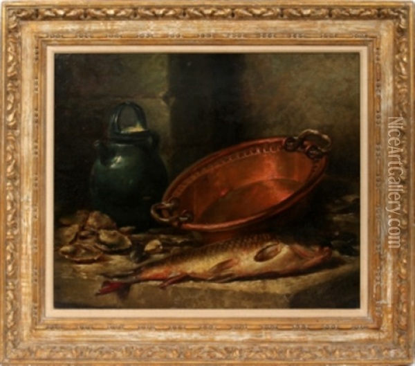 Still Life With Fish & Copper Pot Oil Painting - Maurice Louis Monnot
