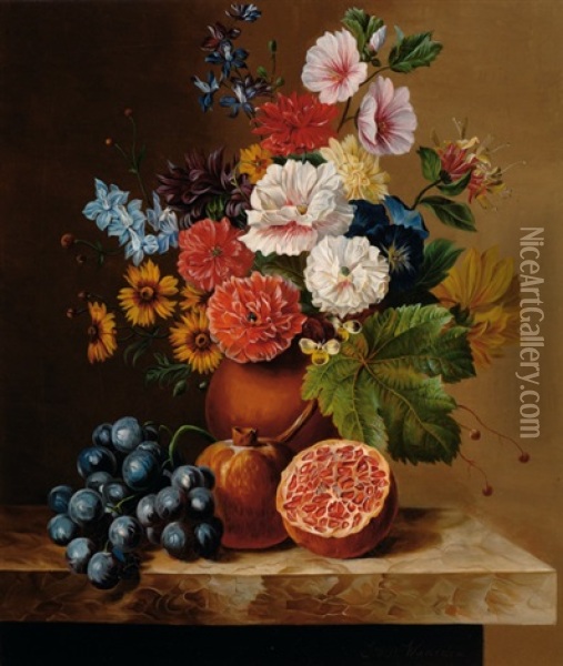 Flower Still Life With Pomegranates And Grapes Oil Painting - Jan Van Der Waarden