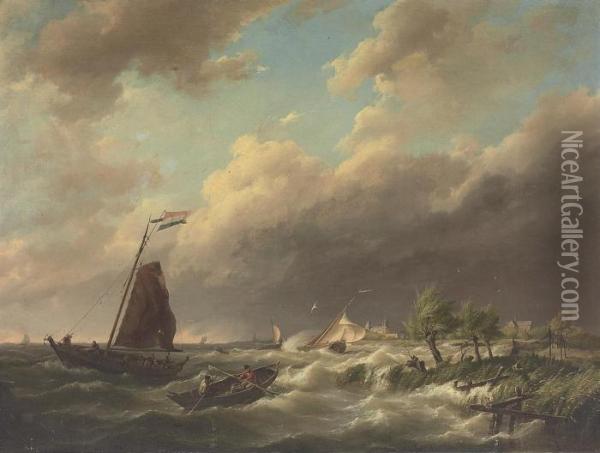 Stormy Coastal Scene With Town Beyond Oil Painting - Hermanus Koekkoek