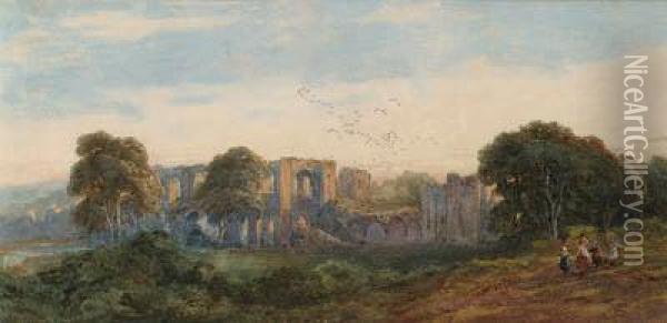 Furness Abbey, The Harvesters Returning At Evening, Cumbria Oil Painting - Edward Duncan