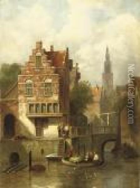 Daily Life In A Dutch Town Oil Painting - Charles Henri Leickert