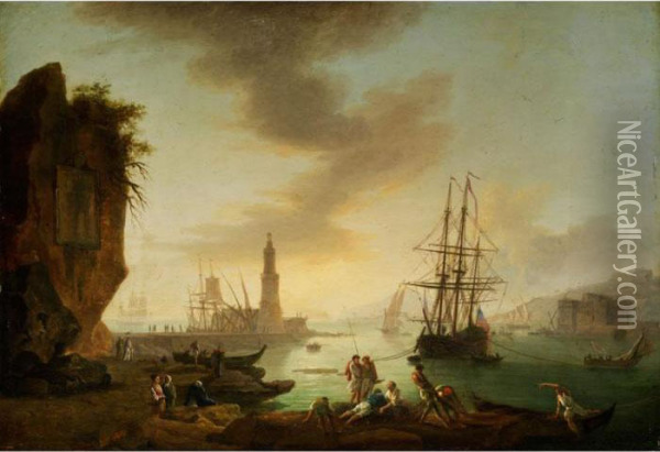 Blick In Eine Hafenbucht Bei Sonnenuntergang Oil Painting - Claude-joseph Vernet
