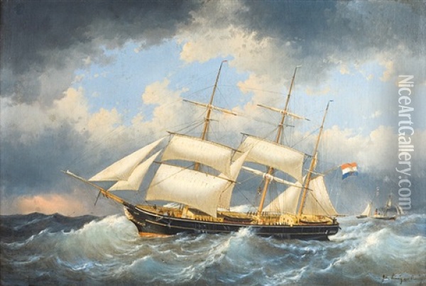 Voilier Belge A Trois Mats Hoop En Pleine Mer Oil Painting - Egidius Linnig