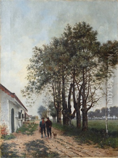 Conversation On The Farmyard (+ Steated Man, Study, Verso) Oil Painting - Josua Von Gietl