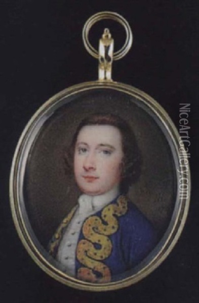 A Young Gentleman With Short Natural Hair, Wearing Gold Figured Royal Blue Coat, White Waistcoat And Tied Cravat Oil Painting - Nathaniel Hone the Elder