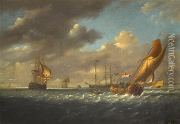 English Warships, A Cutter Yacht And Other Shipping In A Stiff Breeze In The Downs Oil Painting - Charles Martin Powell
