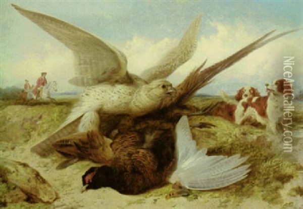 A Hawk Attacking A Pheasant, With Huntsmen And Spaniels Beyond Oil Painting - Richard Ansdell