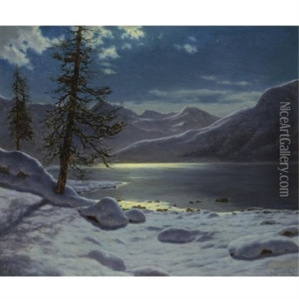 Moonlit Lake. Winter Oil Painting - Ivan Fedorovich Choultse