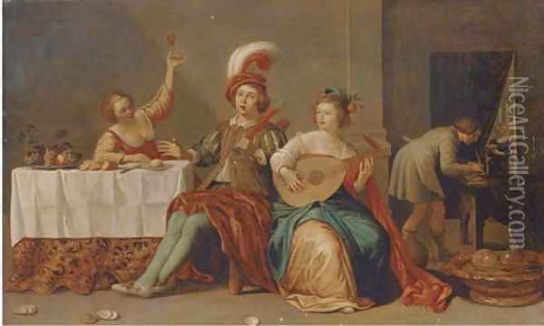 Elegant company playing music and merrymaking in an interior Oil Painting - Willem Bartsius