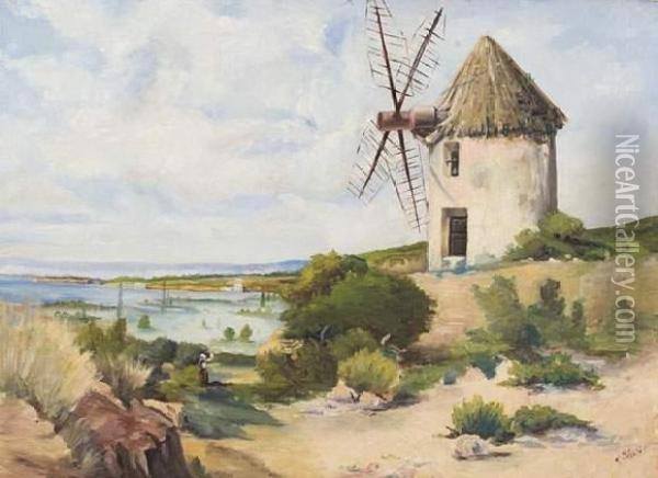 Moulin A Vent Au Bord De L'etang De Berre Oil Painting - Theophile Decanis