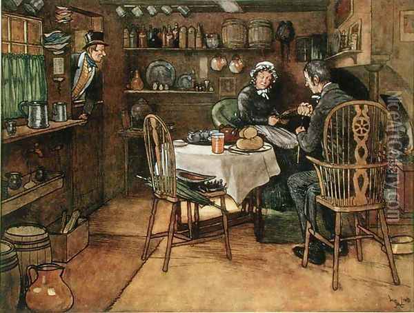 Sam Weller looks on his stepmother and Mr Stiggins (scene from 'Pickwick Papers') Oil Painting - Cecil Charles Aldin