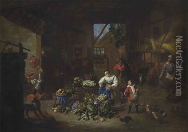 A Woman Selling Vegetables In A Barn With A Boy Feeding Chickens Oil Painting - Matheus van Helmont