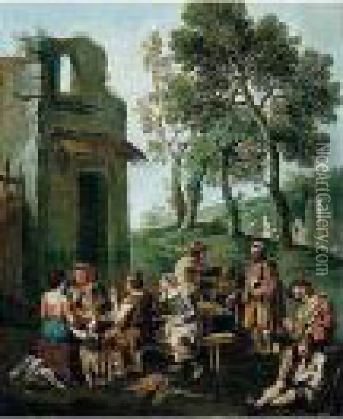 A Landscape With Peasants And 
Beggars Drinking, Smoking, And Singing, Washer-women In The Distance Oil Painting - Paolo Monaldi