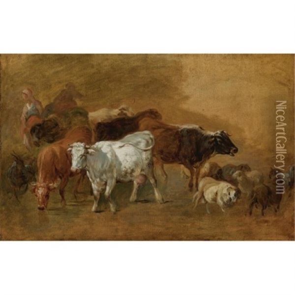 Cattle And Sheep Driven By Peasants Oil Painting - Jean Baptiste Huet
