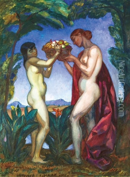Nudes With Basket Oil Painting - Bela Ivanyi Gruenwald