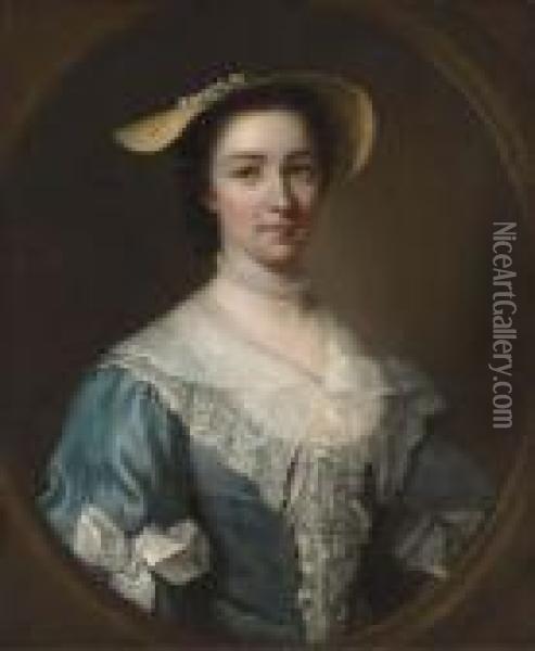 Portrait Of Lady, Half-length, In A Blue Dress Wearing Pearls And A Straw Hat Oil Painting - George Knapton