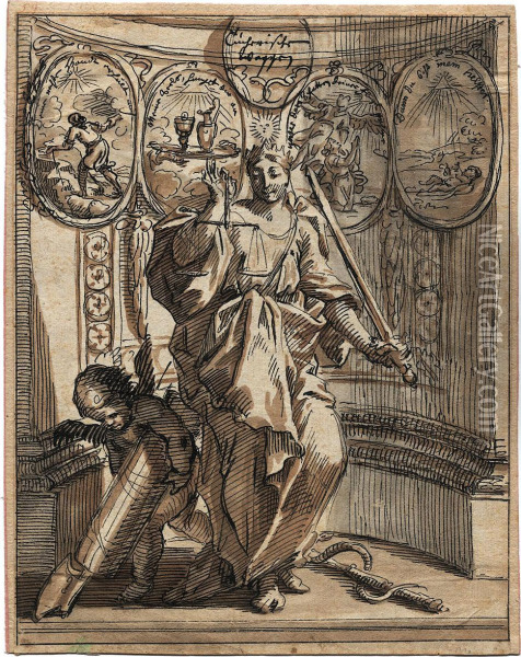 Justitia Mit Schwert Und Waage In Einer Nische Oil Painting - Johann Georg Bergmuller