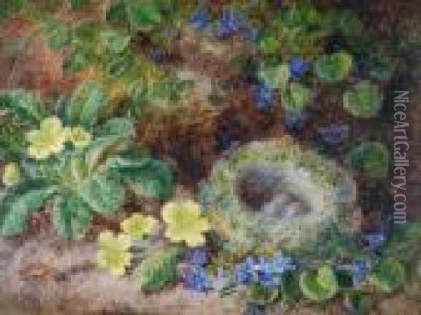 Primroses And Birds Nest With Eggs On A Mossy Bank Oil Painting - George Clare