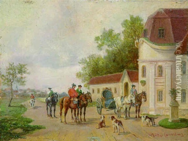 Vor Einem Kavaliershaus Von Schloss Nymphenburg Warten Reiter Und Kutsche Oil Painting - Ludwig Mueller-Cornelius