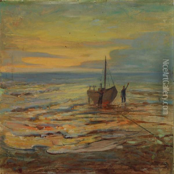 Shore With Twofishermen And Boat Oil Painting - Einar Gjessing