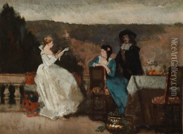 Die Vorleserin - Zwei Damen Und Ein Herr Auf Dem Balkon Oil Painting - Paul Preyer