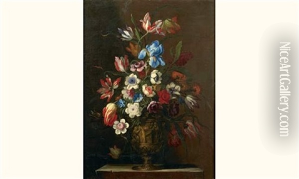 Nature Morte Au Bouquet De Fleurs Dans Un Vase En Pierre Sculptee Oil Painting - Pieter Hardime