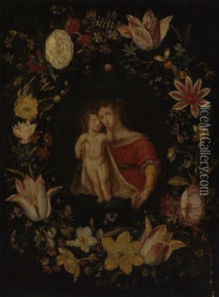 The Virgin And Child Surrounded By A Garland Of Flowers Oil Painting - Jan van Kessel the Elder