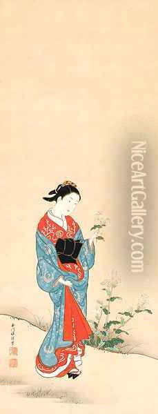 Courtesan holding a flower Oil Painting - Nishikawa Sukenobu