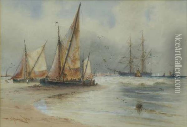 'entering Port' Signed And Dated 1890 7 X 10.25in Oil Painting - Thomas Bush Hardy