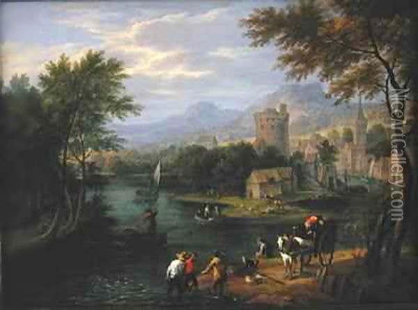 River valley landscape with travellers and fishermen Oil Painting - Boudewyns