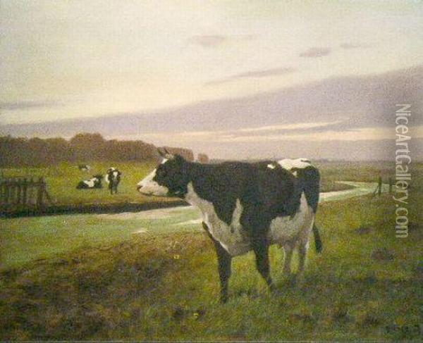 Cattle In A Field At Dusk Oil Painting - Arthur Heyer