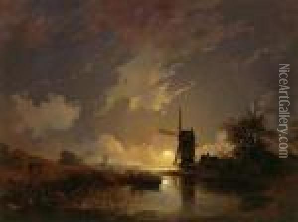 Hollandische Landschaft Im Mondschein Oil Painting - Remigius Adriannus van Haanen