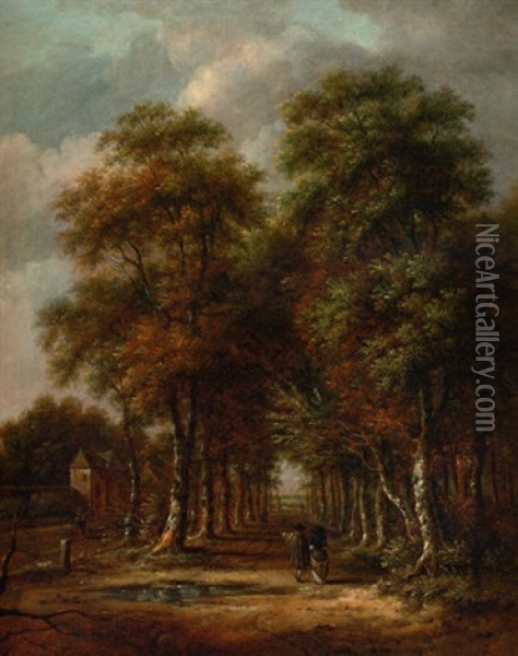 An Elegant Couple Walking In An Avenue Of Trees, A View To An Extensive Landscape Beyond Oil Painting - Jan Hackaert