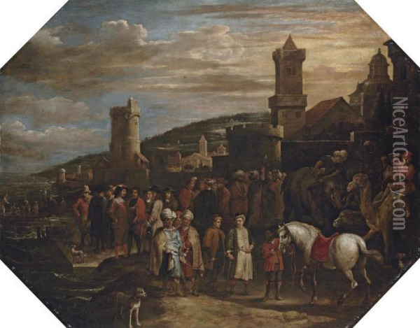 A Capriccio Of A Port With Turks And Other Figures Trading Exoticanimals Oil Painting - David The Younger Teniers