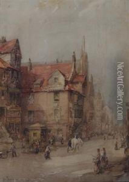 Figures In A Continental Street Oil Painting - John Terris