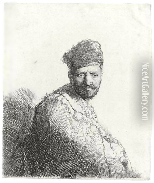 A bearded Man, in a furred Oriental Cap and Robe The Artist's Father Oil Painting - Rembrandt Van Rijn