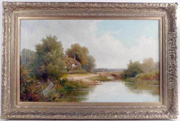 Cottage And Bridge In A Landscape Oil Painting - Robert Robin Fenson