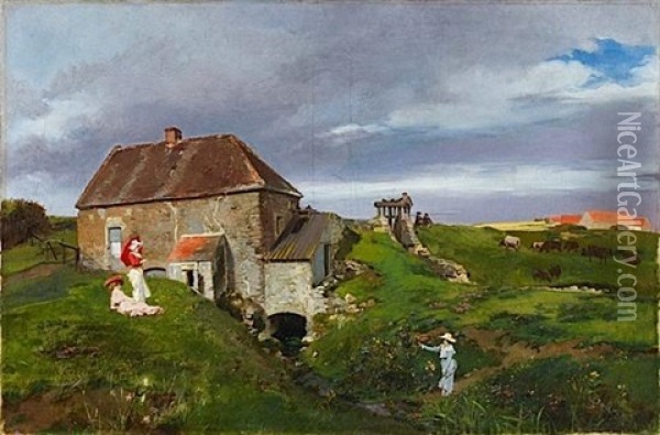 Moulin Et Elegantes En Bord De Mer Oil Painting - Louis Robert Carrier-Belleuse