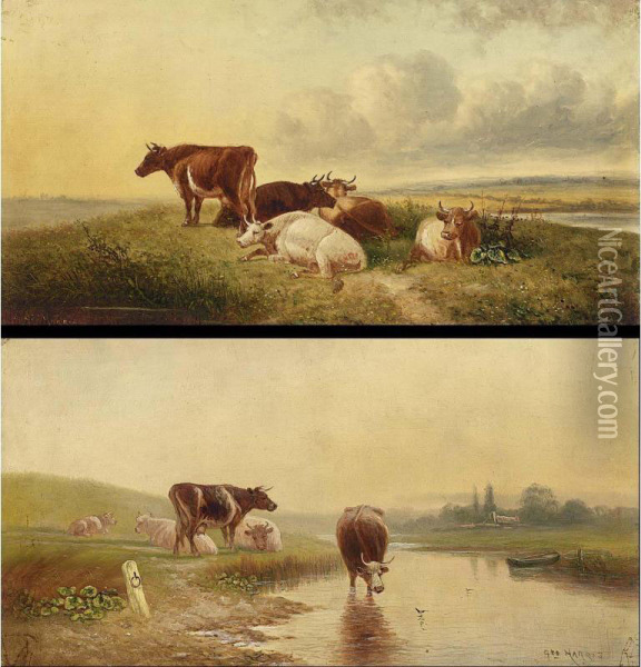 Watering Cows; Cows In A Landscape (a Pair) Oil Painting - George Harris