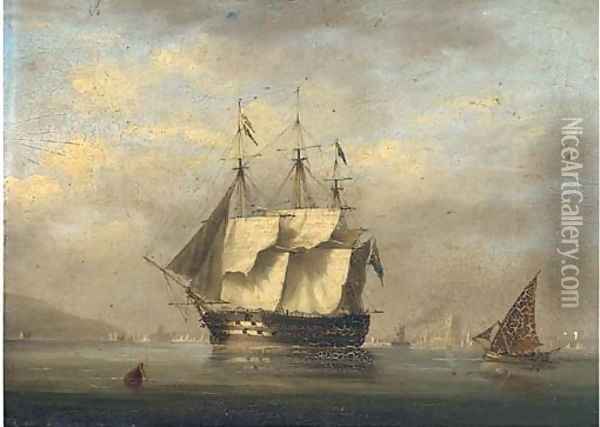 A British two-decker arriving at Lisbon and preparing to anchor with the Belem Tower off her stern Oil Painting - Nicholas Condy