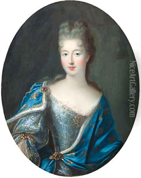 Portrait of Franoise-Marie de Bourbon, Mademoiselle de Blois, Duchesse d'Orleans (1677-1749), half-length, in an embroidered blue dress Oil Painting - Pierre Gobert