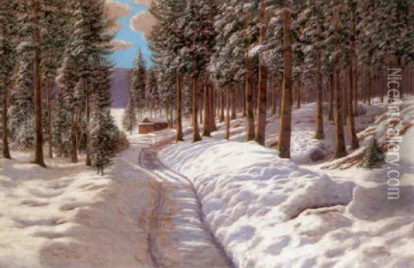 Tief Verschneite Waldlandschaft Mit Sonnigem Lichteinfall Oil Painting - Victor Olgyai