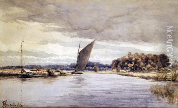 Sailing Barges On The Broads Oil Painting - Stephen John Batchelder
