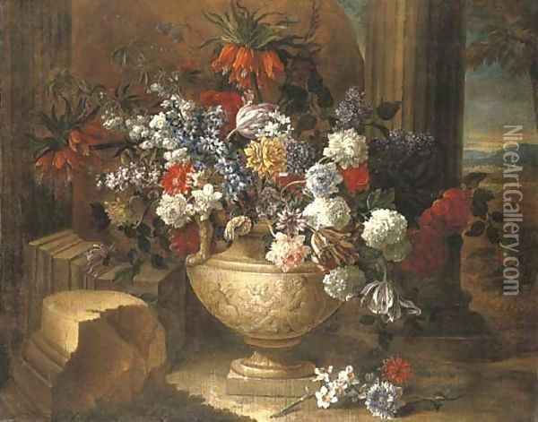 Tulips, lilacs, dahlias and other flowers in a sculpted vase, before a column, a landscape beyond Oil Painting - Jean-Baptiste Monnoyer