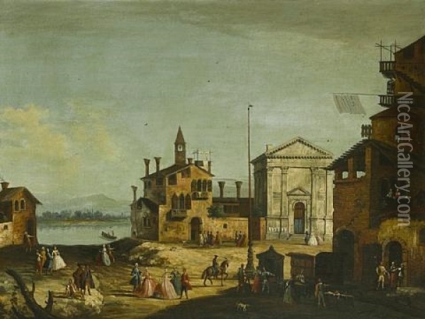 A Venetian Veduta With Strolling Figures Oil Painting - Francesco Albotto