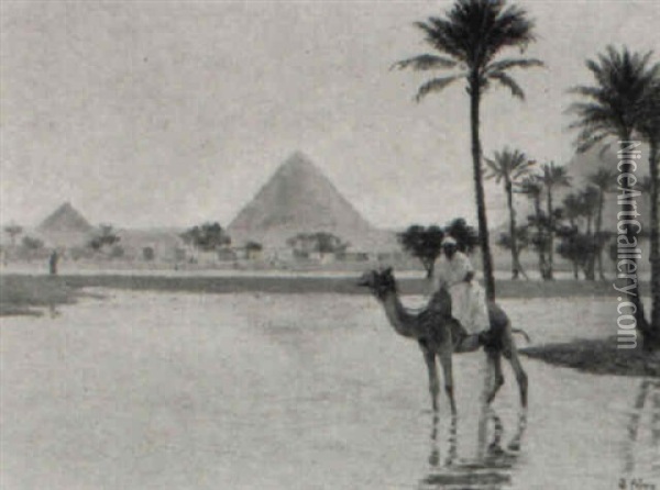 Camel And Rider At An Oasis Before The Pyramids Oil Painting - Otto Pilny