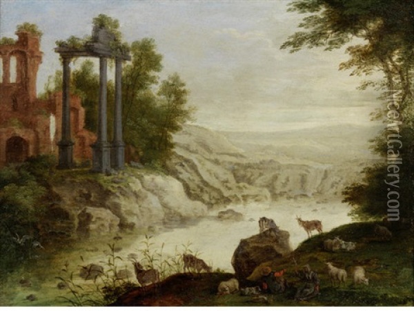 Shepherds Resting With Their Flocks In A River Landscape, Ruins Beyond Oil Painting - Bartholomeus Breenbergh